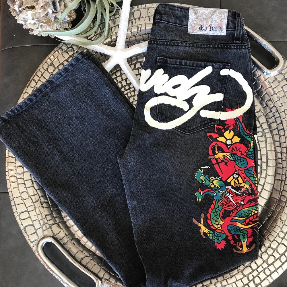 Ed Hardy Black Jeans with Multicolor Dragon Embroidery
